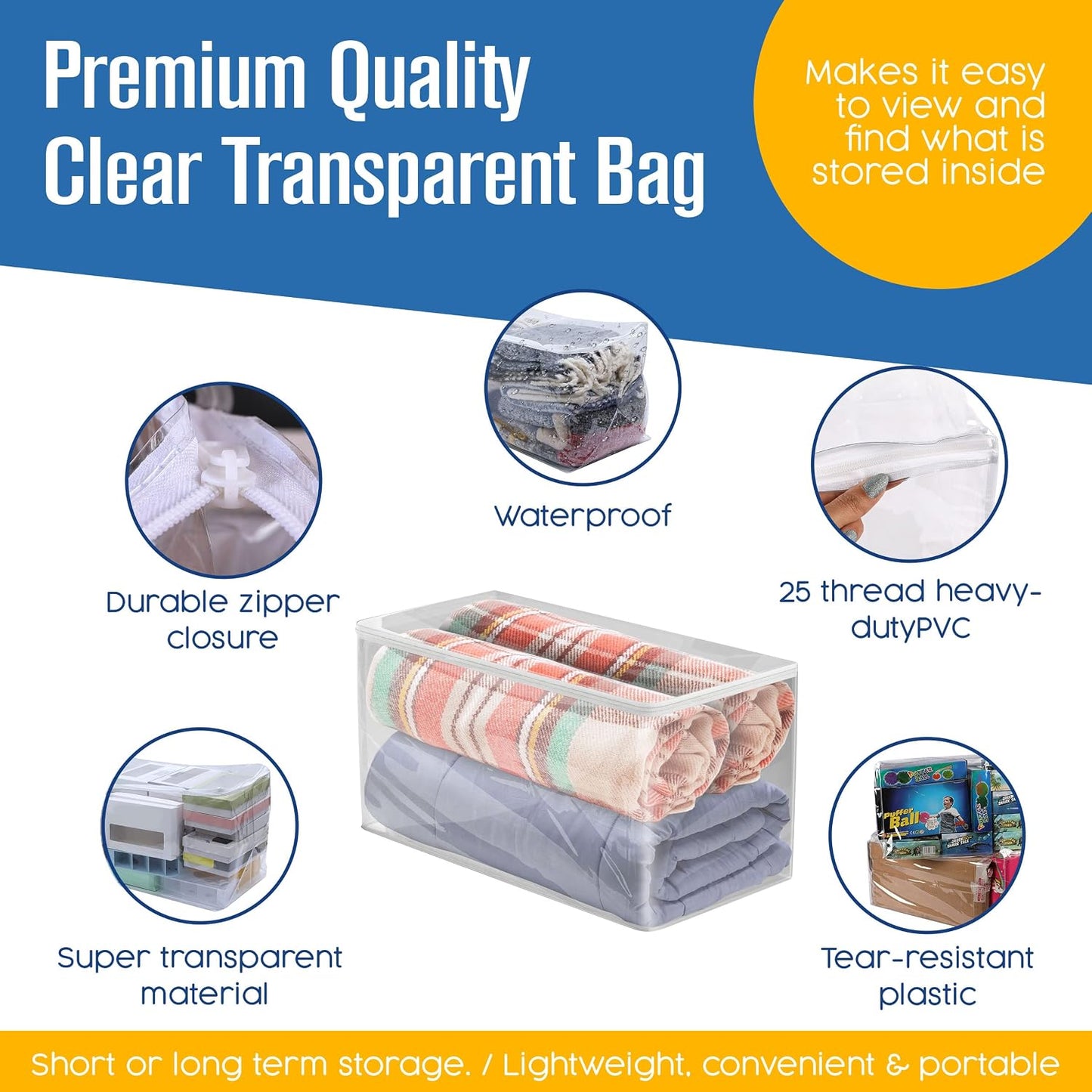 Houseables Sweater Bags Moth Proof, Clothing Storage Bags, with Zipper, Sweater Storage, Clear Zippered Organizers, Clothes, Blanket, Linen, Bedding, Quilt, Vinyl Plastic Protectors, 18x15x4”, 5 Pack.