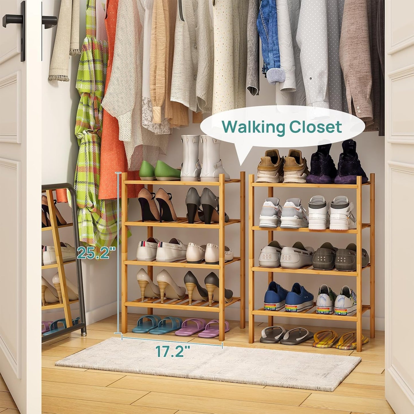 viewcare 3-Tier Black Bamboo Shoe Rack for Entryway, Stackable | Foldable | Natural, Shoe Shelf Storage Organizer for Hallway Closet, Free Standing Shoe Racks for Indoor Outdoor