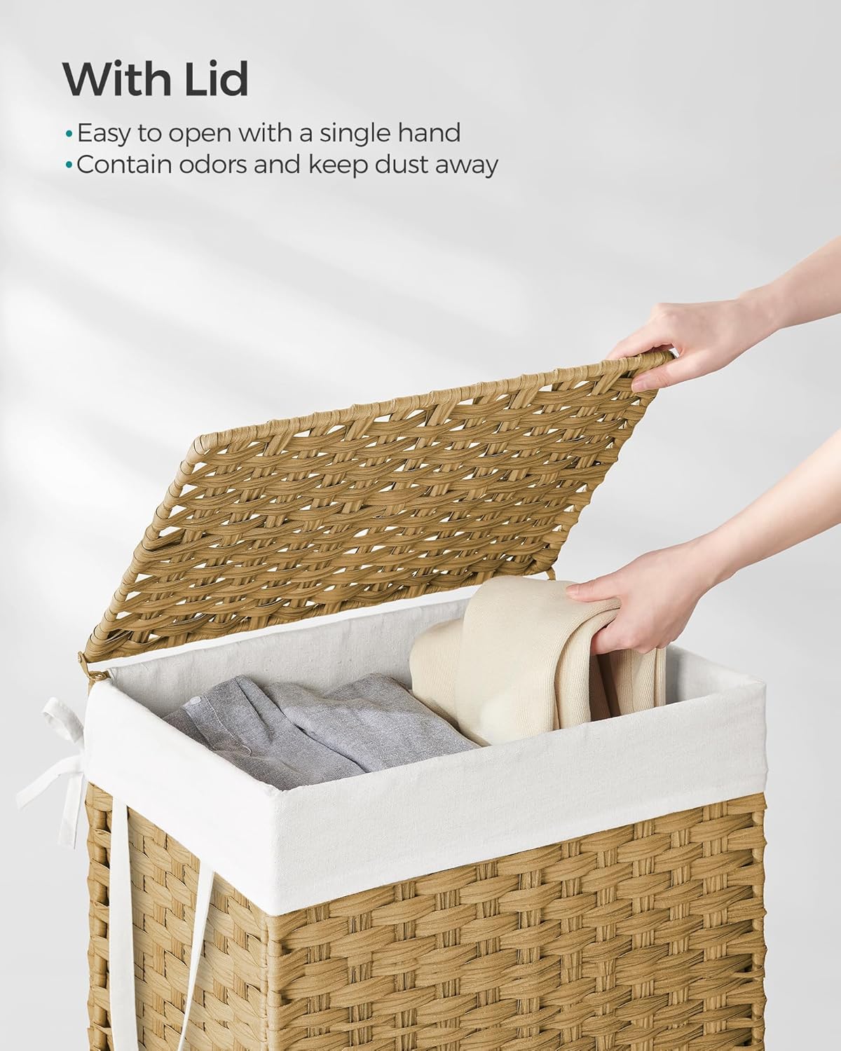 SONGMICS Laundry Hamper with Lid, 23.8 Gallon (90 L) Synthetic Rattan Clothes Laundry Basket with Lid and Handles, Foldable, Removable Liner, Chestnut Brown ULCB051K02