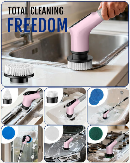 Dovety Electric Spin Scrubber, Shower Scrubber, Power Cleaner Tools with 8 Replaceable Brush Heads, Cleaning Brush with Extension Handle, 2 Adjustable Speeds, 90Mins Work Time for Home Bathtub-White