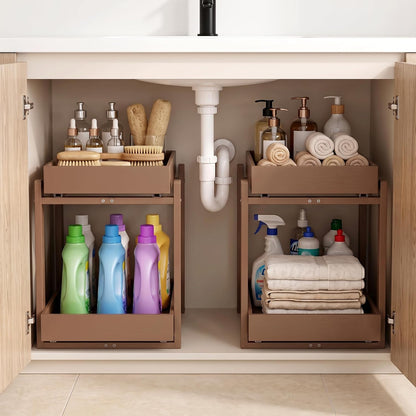 Bamboo Under Sink Organizer and Storage, 2 Pack Pull Out Cabinet Organization, 2 Tier Vertical Slide Out Undersink Storage Shelf, Multi-Purpose Organizer Shelves for Kitchen Bathroom Medicine