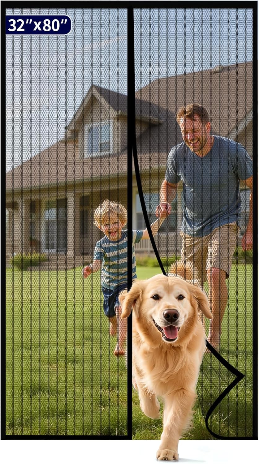 Kitsure Magnetic Screen Door - 38.0 x 82.0 in Retractable Screen Door Mesh for Front Door or Sliding Door, Pet & Kid Friendly, Hands-Free Closure Keeps Bugs Out & Lets Breeze in, Stripe Black