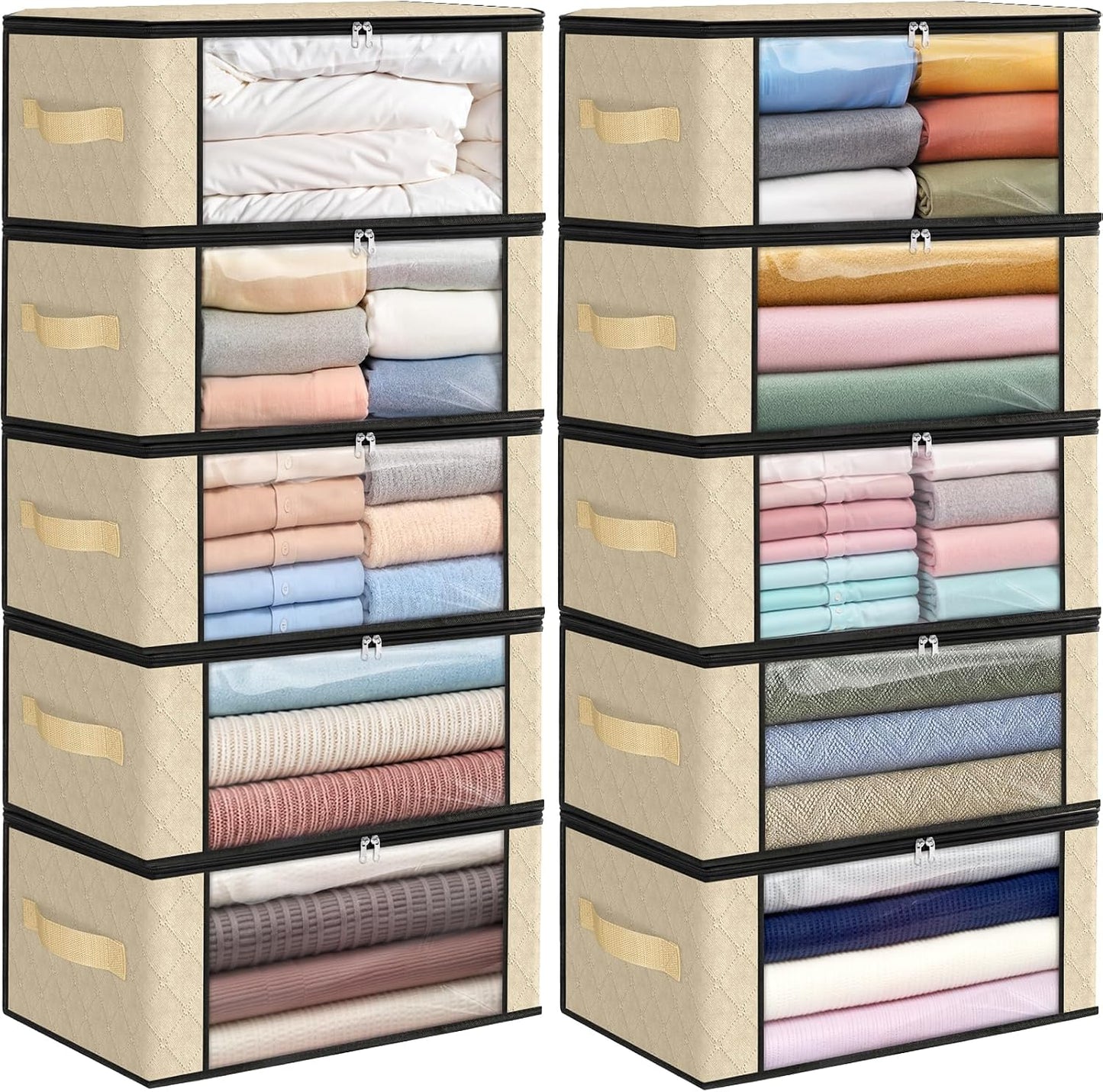 Fab totes 6 Pack Storage Bags for Clothes and Blanket, Foldable Closet Organizers and Storage with Zippers, Clear Window and Handles, Fabric Storage Bins for Sweater, Comforter, Bedding,Linen Sheets