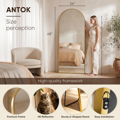 Antok 58" x19” Arched Full Length Floor Mirror, Gold Aluminum Frame, Free Standing/Wall Mount/Leaning for Bedroom, Living Room, Dressing Room