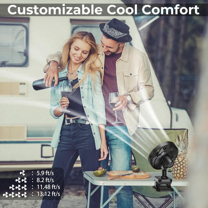 10000mAh Portable Fan with Clip, Rechargeable Clip On Fan with Light & Hook, 3 Strong Airflow & Timer, Battery Powered, Clamp On Desk Fan for Travel Outside Camping Sleep Bedroom Office RV Hurricane