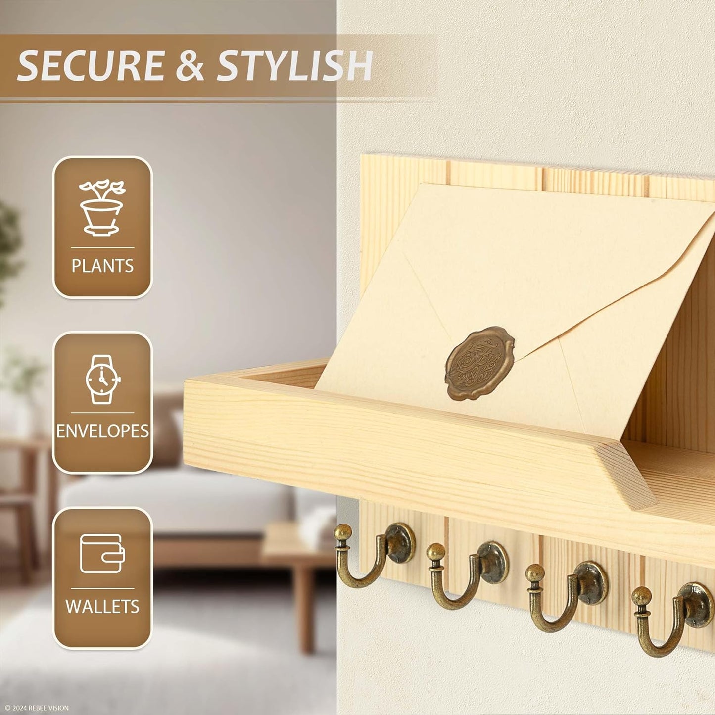 Rebee Vision Decorative Key Holder Wall Mount - Rustic Key Holder for Wall with Shelf and Mail Organizer for Living Room Decor - Home Essentials for Home Improvement (Brown, 3.54" x 10" x 7.28")