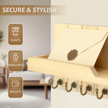 Rebee Vision Decorative Key Holder Wall Mount - Rustic Key Holder for Wall with Shelf and Mail Organizer for Living Room Decor - Home Essentials for Home Improvement (Brown, 3.54" x 10" x 7.28")