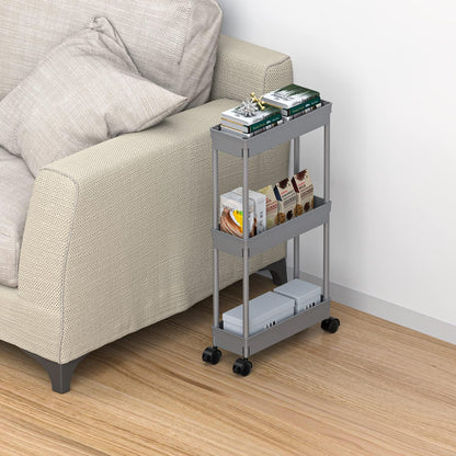 Sooyee 3 Tier Rolling Cart with Wheels, Slim Storage Cart, Under Desk Narrow Rolling Utility Cart Storage Organizer for Office Bathroom Kitchen Laundry Room Narrow Places, White, Plastic and Metal