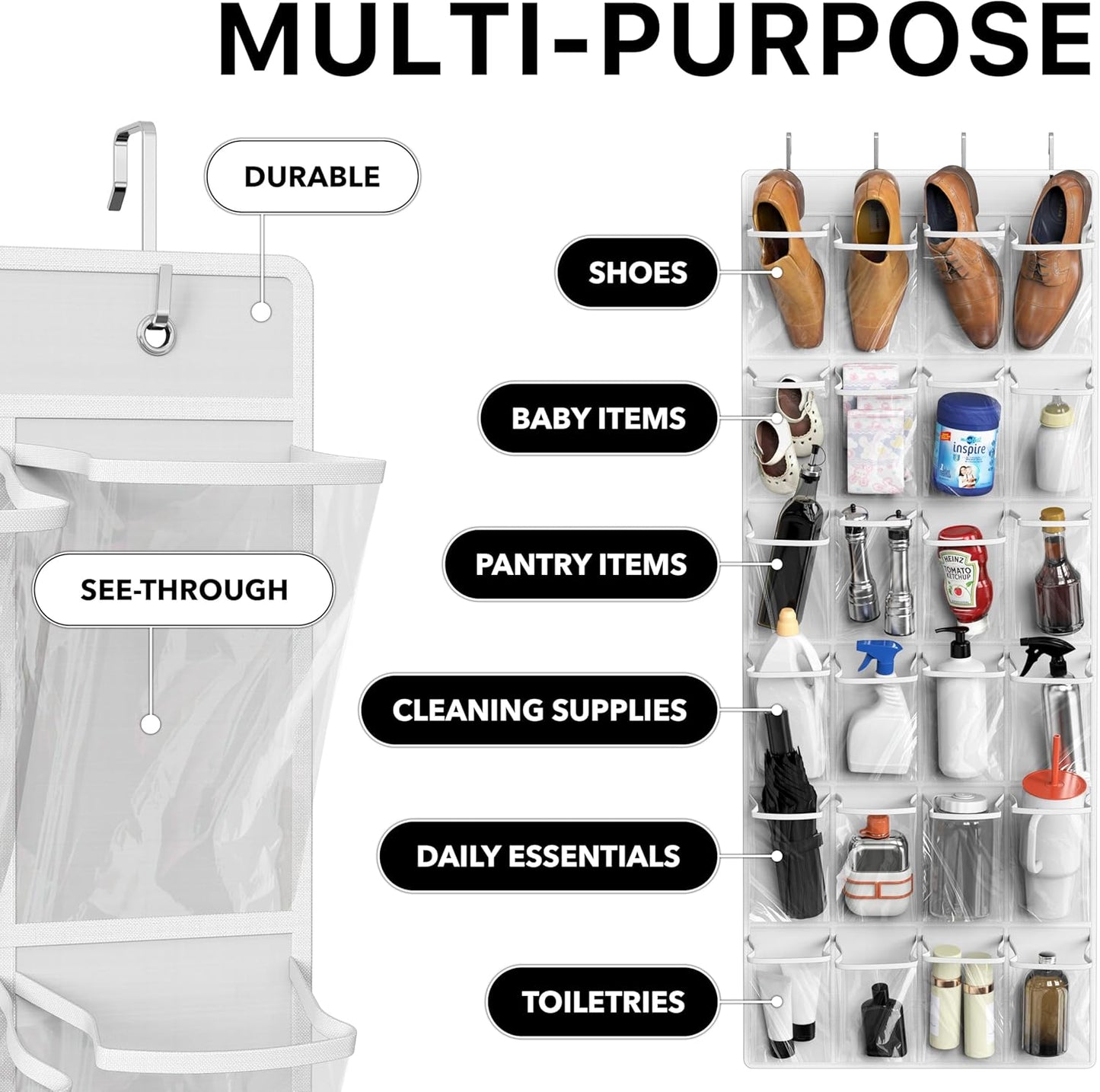 Simple Houseware 24 Pockets - Crystal Clear Over The Door Hanging Shoe Organizer, Gray (64'' x 19'')