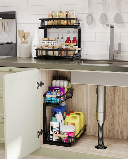 Under Sink Organizer Storage for Families: Pull Out Storage Undersink Organizers Drawer Cabinet - Sliding 2 Tier Rack Metal Organization Under Counter Kitchen Bathroom for Homemakers(White,1 Pack)