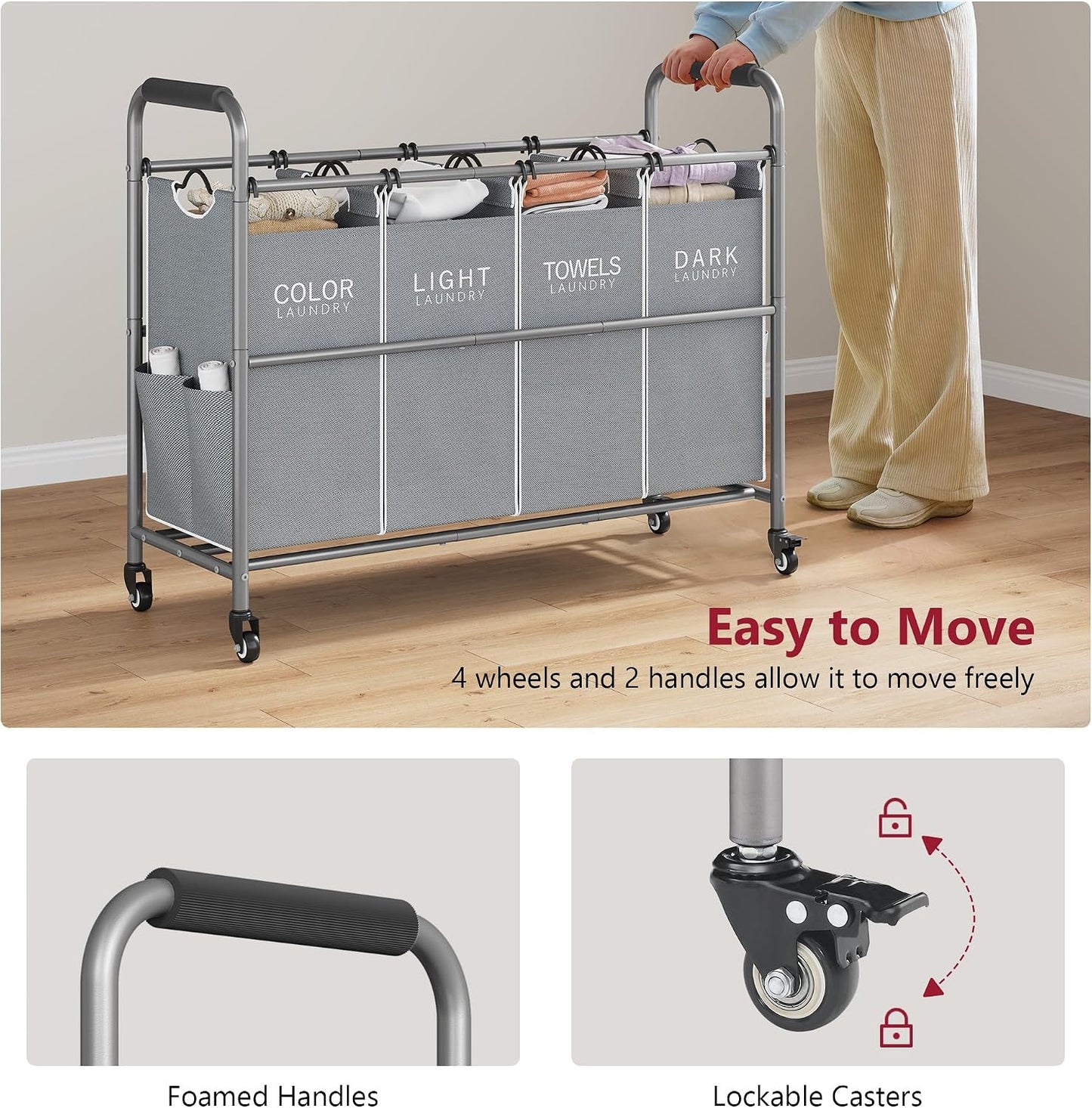 Tajsoon 4 Bag Laundry Sorter Cart, 4 Section Laundry Hamper Sorter with Heavy Duty Lockable Rolling Wheels, Laundry Separator Hamper with Removable Bags for Dirty Clothes Storage, Black