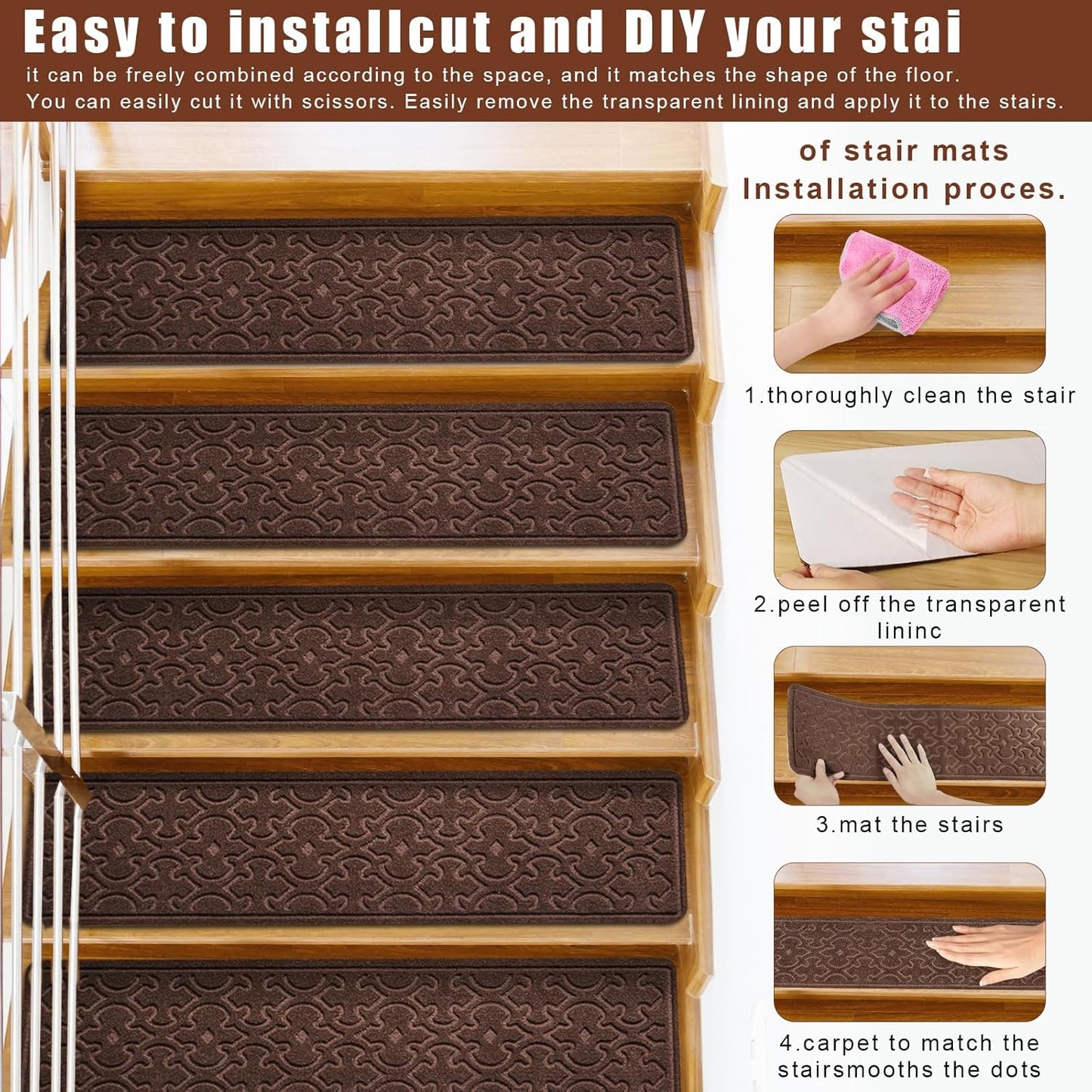 15Pcs Stair Treads for Wooden Steps With Self Adhesive, 8"x30" Non Slip Stair Runners-Peel & Stick Indoor Stair Carpet Runner, Resistant Runner for Kids, Elders and Pets, Black