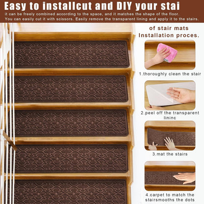 15Pcs Stair Treads for Wooden Steps With Self Adhesive, 8"x30" Non Slip Stair Runners-Peel & Stick Indoor Stair Carpet Runner, Resistant Runner for Kids, Elders and Pets, Black