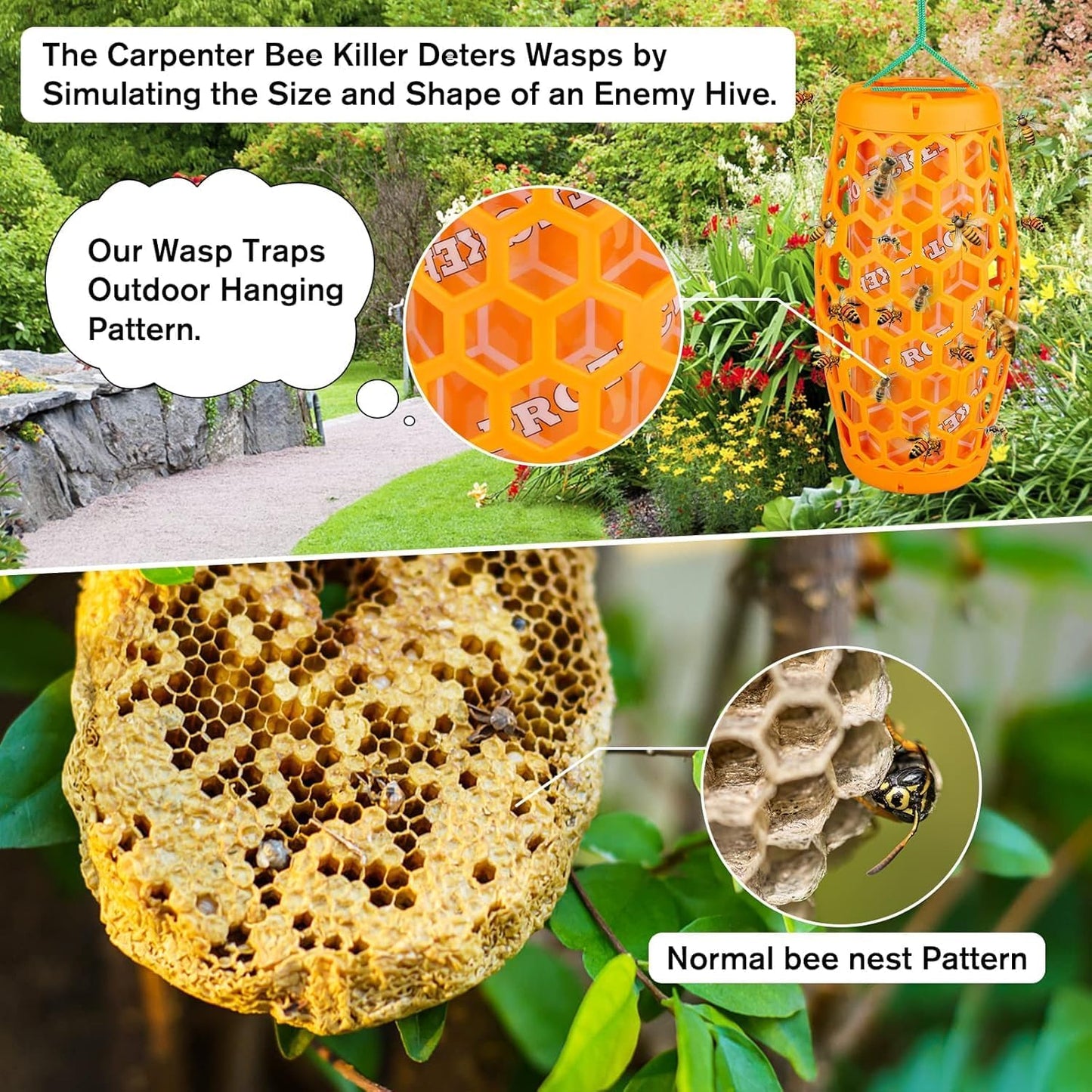 Wasp Trap Bee Catcher - Outdoor Hanging Carpenter Bee Traps with 4 Sticky Boards, Non-Toxic Reusable Hornet & Yellow Jacket Trap, 2 Pack (Orange)