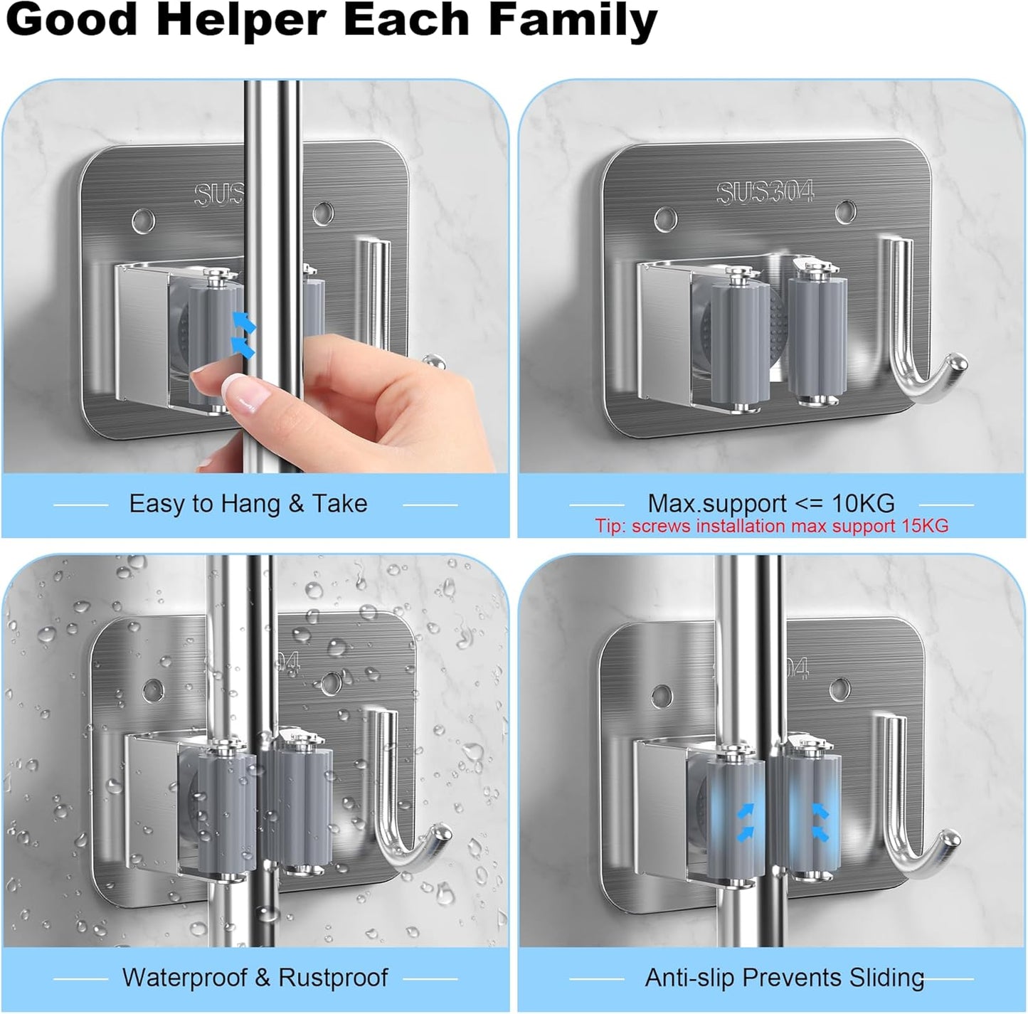 4 Pack Stainless Steel Mop and Broom Gripper with Hook, Screw Drilling or Self Adhesive Mop and Broom Holder Wall Mount, Storage Rack for Closet Laundry Garage Garden Tool Organizer, Silver