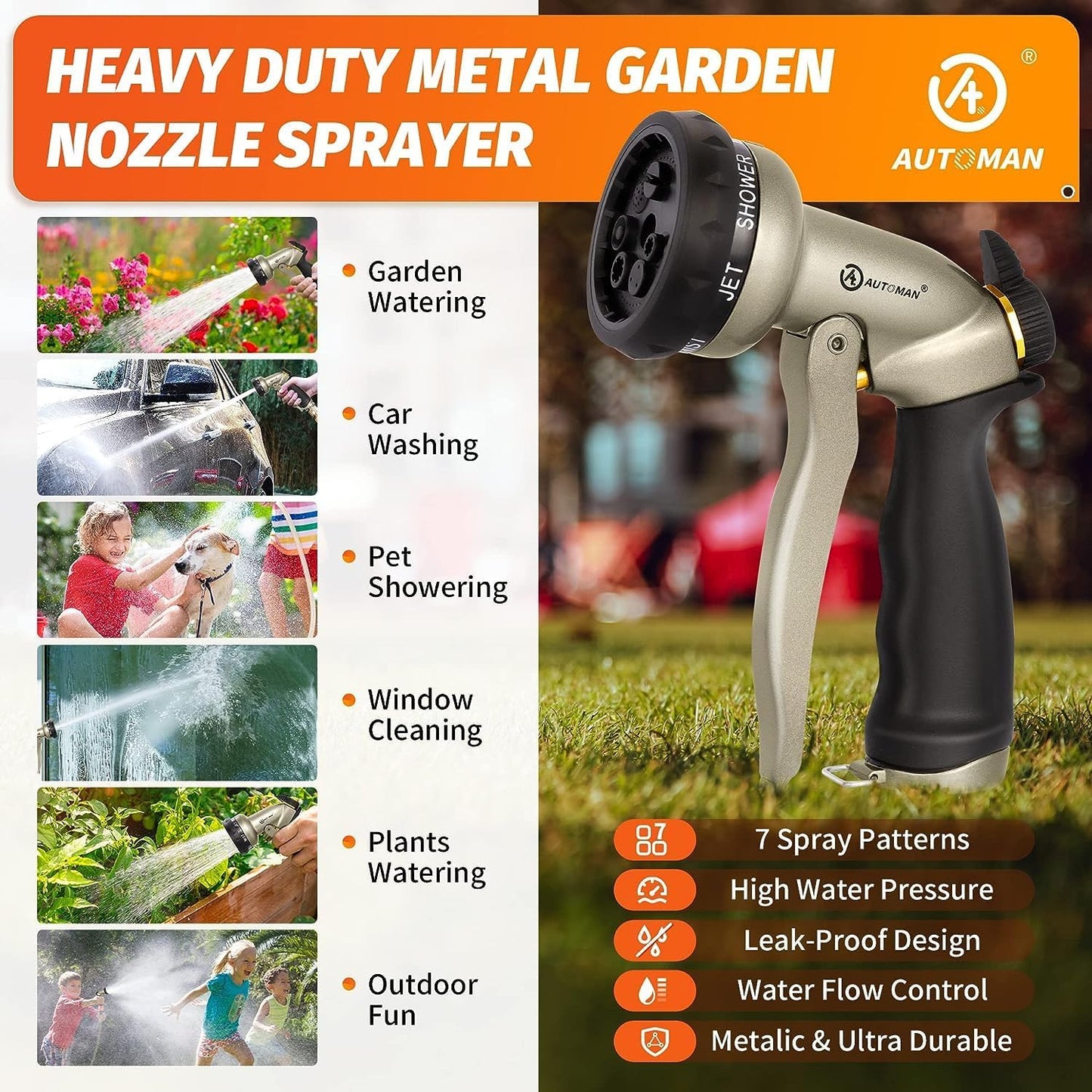 AUTOMAN Garden Hose Nozzle - 2 Pack, 100% Metal High Pressure Spray Nozzle, Labor-Saving Design, Heavy Duty for Garden Watering, Car Washing, Window Cleaning, Pets Bathing