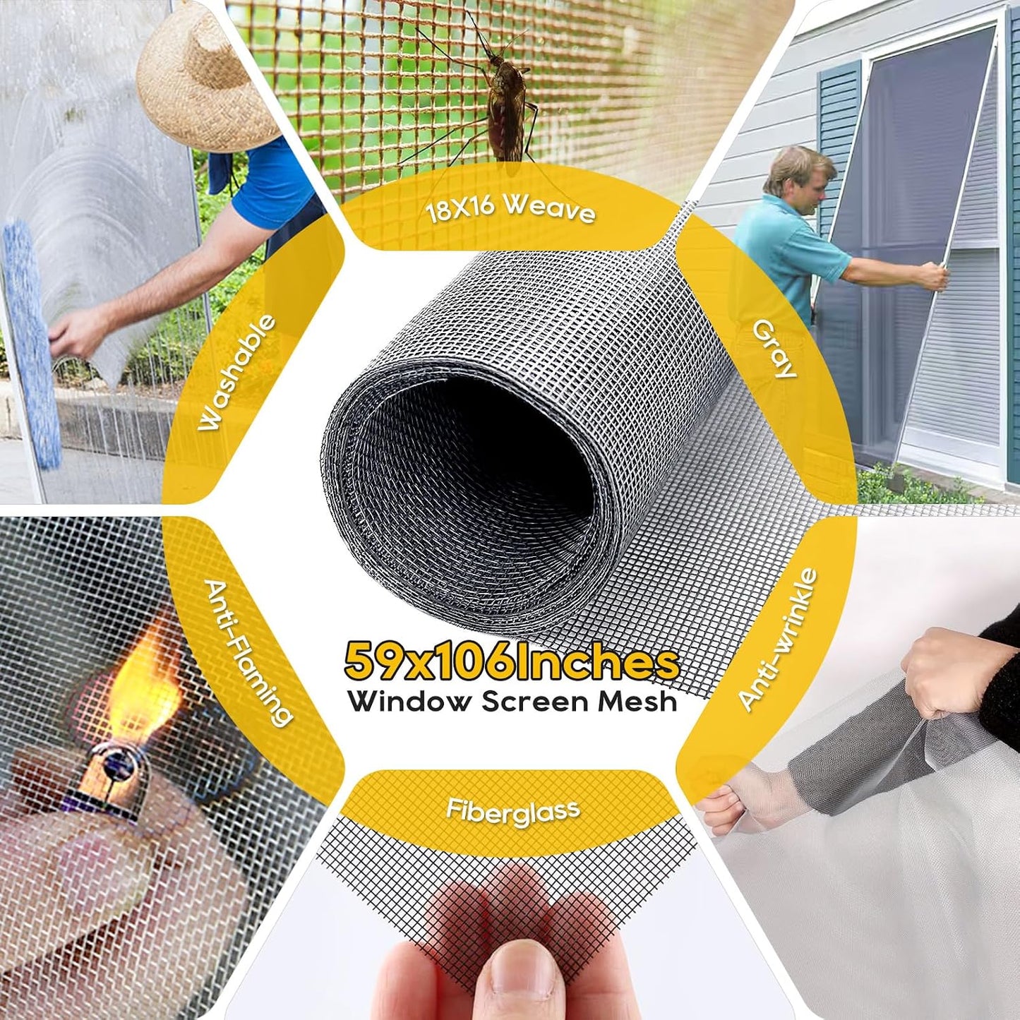 King&Charles Window Screen Door Repair/Replacement Kit, Include Black Screen Mesh 48"x118"+ 2 Roller+50Ft Spline+8Clips+Hook, 6 in 1 Window Mesh Kit, Steel/Nylon Bearing Roller