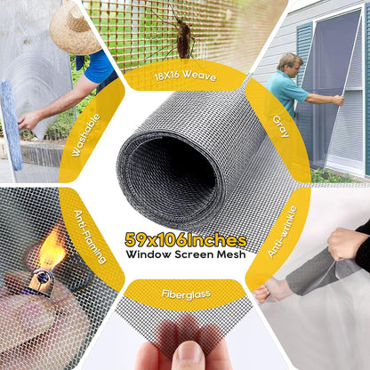 King&Charles Window Screen Door Repair/Replacement Kit, Include Black Screen Mesh 48"x118"+ 2 Roller+50Ft Spline+8Clips+Hook, 6 in 1 Window Mesh Kit, Steel/Nylon Bearing Roller