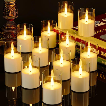 VIODAIM 12Pack Flickering Flameless LED Candles with Remote & Timer, Battery Powered - Small Pillar & Votive, Clear (2"X3")