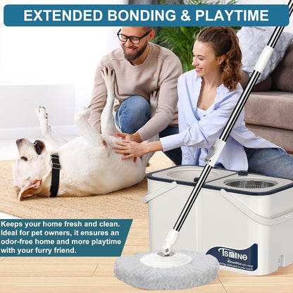 Spin Mop for Large Homes & Big Floor Cleaning, Clean & Dirty Water Separation Mop Bucket for Family & Pet Homes,4-Chamber System, Glide Wheels, Safe for Hardwood & Tile, Adjustable Handle, 6 Mop Heads