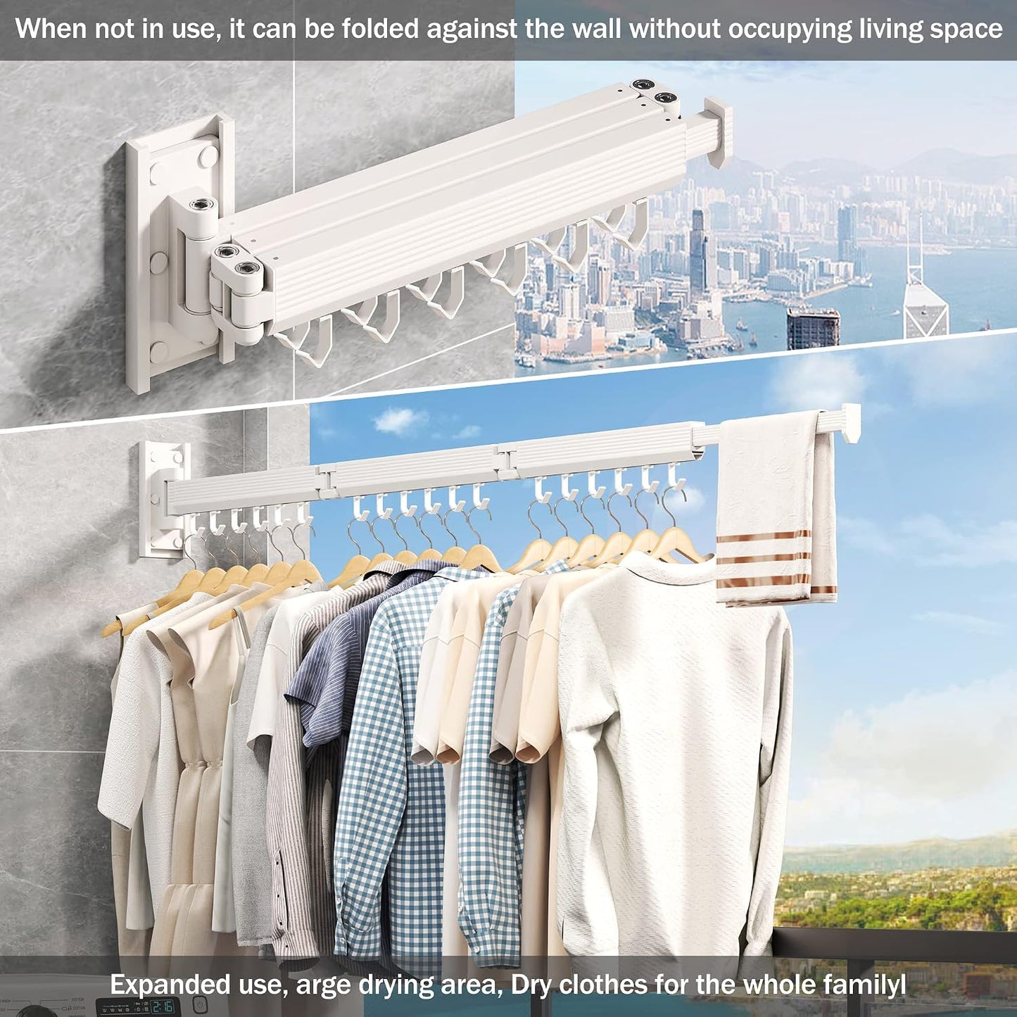 Wall Mounted Tri-Fold Clothes Drying Rack, Heavy Duty Collapsible Laundry Drying Rack, Space-Saving Retractable Foldable Drying Rack Clothes for Laundry Room Balcony Bathroom,Black-Hooks