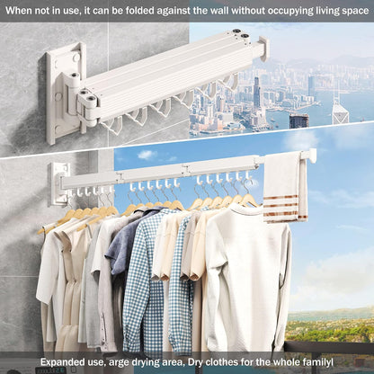 Wall Mounted Tri-Fold Clothes Drying Rack, Heavy Duty Collapsible Laundry Drying Rack, Space-Saving Retractable Foldable Drying Rack Clothes for Laundry Room Balcony Bathroom,Black-Hooks