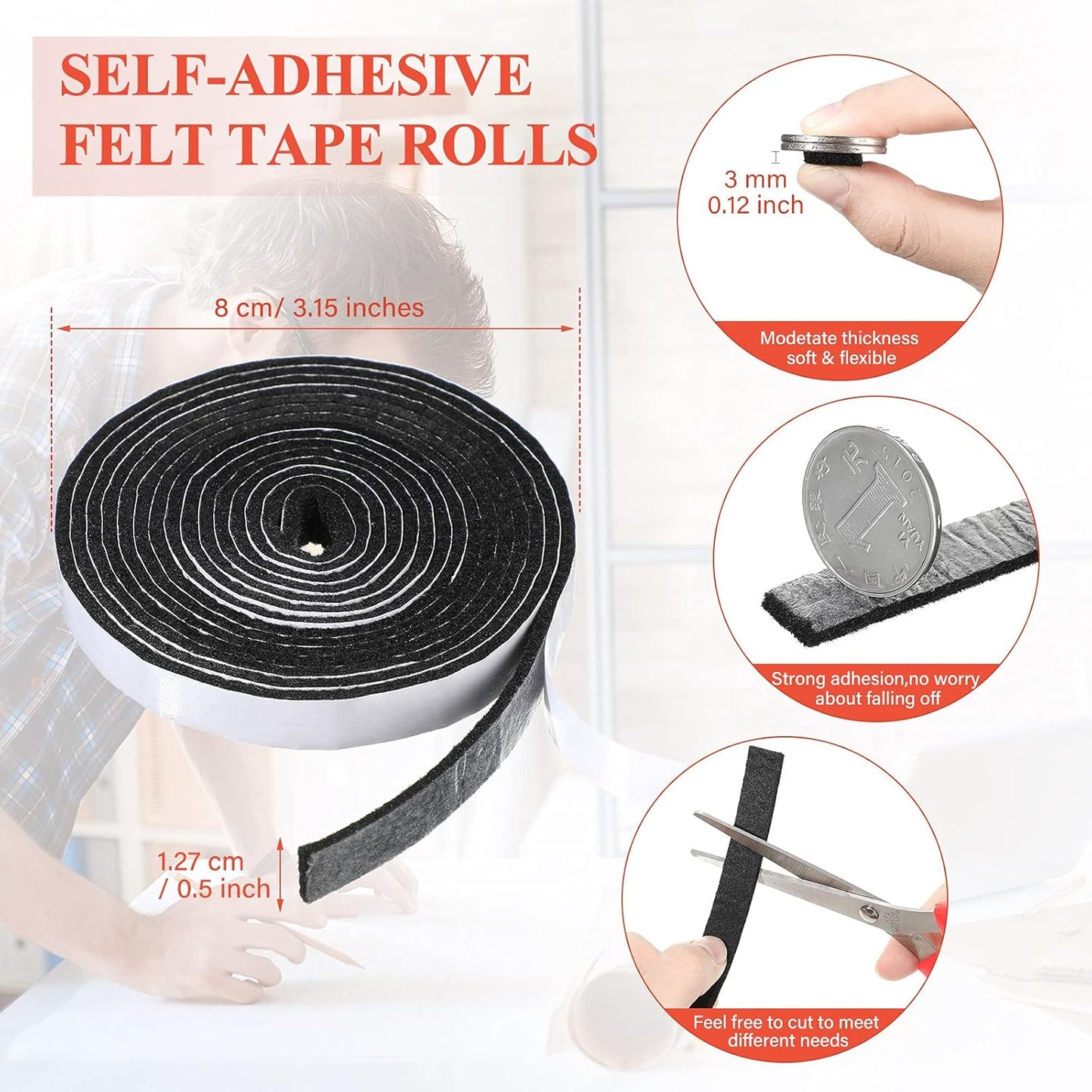 Zonon 4 Rolls 120 Inch Felt Strip with Adhesive Backing Felt Tapes Furniture Strip Rolls Self Stick Heavy Duty Polyester for Protecting Furniture and DIY Adhesive(Black,0.5 Inch)