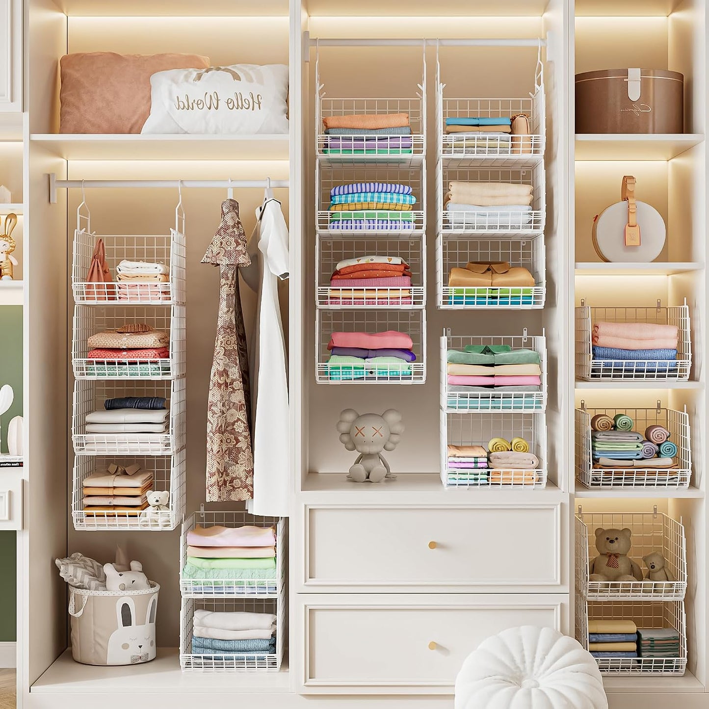8-Tier Extended Depth Hanging Closet Organizers and Storage for Closet System, Stackable Closet Shelves with 4 Adjustable Dividers for Clothes Sweaters Purses, Wire Hanging Basket Fits Closet Laundry