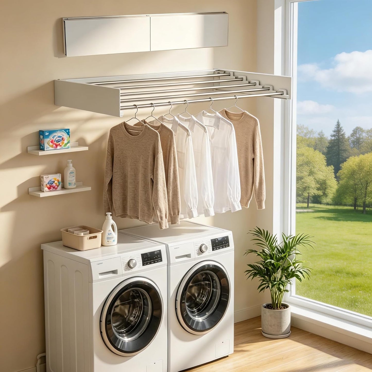 Wall Mounted Clothing Drying Rack 32“ Folds to 1.2” Ultra-Thin Space Saving Clothes Laundry Rack Holds 50 lbs Rust-Resistant Collapsible Space Aluminum for Apartment, RV, Laundry Room, White