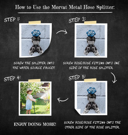 Morvat Heavy Duty Metal & PVC Covered 2 Way Y Splitter Garden Hose Connector with Comfort Grip Shut Off Valves, Adapter for Water Tap, Outlet, & Spigot, Includes 2 Extra Rubber Washers & Teflon Tape