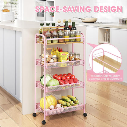 TOOLF 4-Tier Slim Rolling Cart, Metal Utility Cart, Slide Out Storage Cart with Wooden Tabletop and Mesh Baskets for Narrow Space on Kitchen Bathroom Laundry Room Bedroom Apartments Dormitory