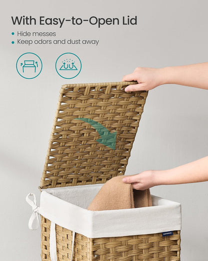 SONGMICS Laundry Hamper with Lid, 23.8 Gallon (90 L) Synthetic Rattan Clothes Laundry Basket with Lid and Handles, Foldable, Removable Liner, Chestnut Brown ULCB051K02
