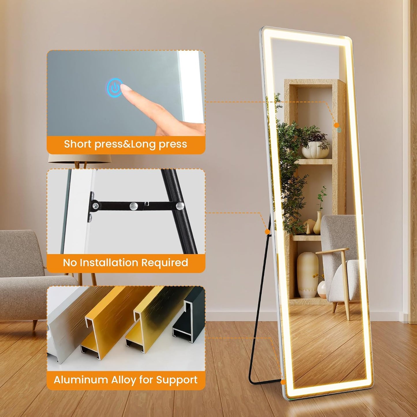 Arched Mirror Full Length, Upgraded 16"x59" Body Wall Mirrors with Shatter-Proof Glass, Floor Standing, Hanging or Leaning, Tall Arch Mirror with Stand Aluminum Alloy Frame for Bedroom, Black
