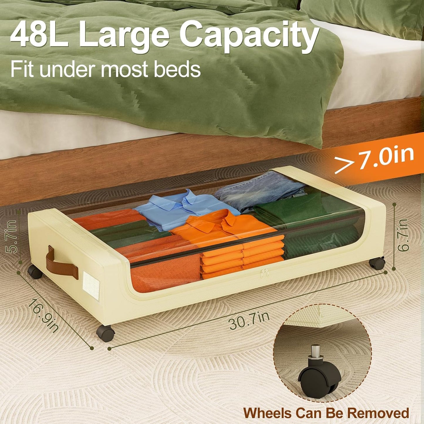 GoMaihe Under Bed Storage with Wheels: 48L Underbed Storage Containers with Lids - Rolling Bins for Shoes Clothes in Dorm Bedroom - Metal Drawers Easy Pull-out Grey 2-Pack
