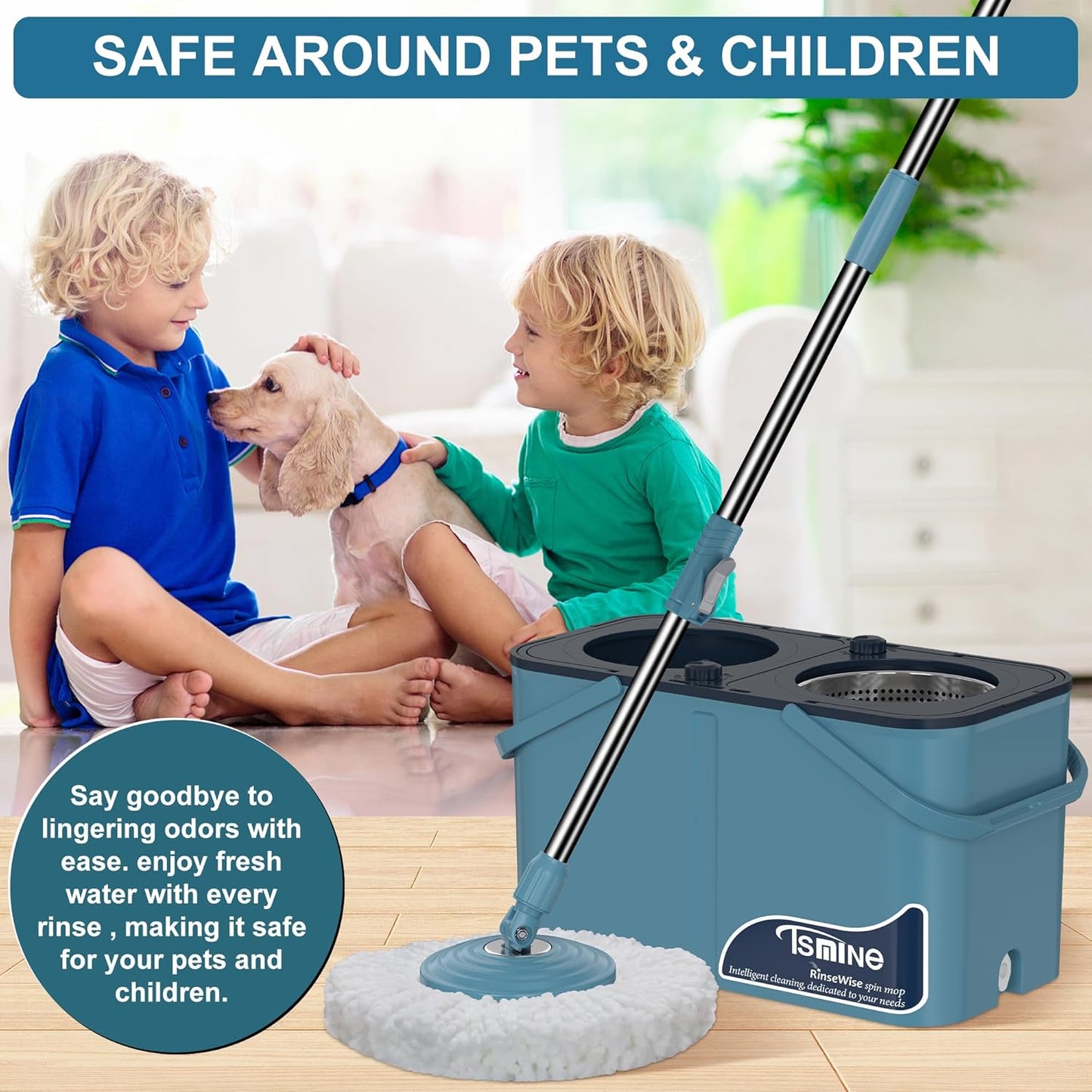 Spin Mop for Large Homes & Big Floor Cleaning, Clean & Dirty Water Separation Mop Bucket for Family & Pet Homes,4-Chamber System, Glide Wheels, Safe for Hardwood & Tile, Adjustable Handle, 6 Mop Heads