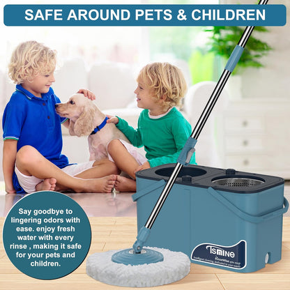 Spin Mop for Large Homes & Big Floor Cleaning, Clean & Dirty Water Separation Mop Bucket for Family & Pet Homes,4-Chamber System, Glide Wheels, Safe for Hardwood & Tile, Adjustable Handle, 6 Mop Heads