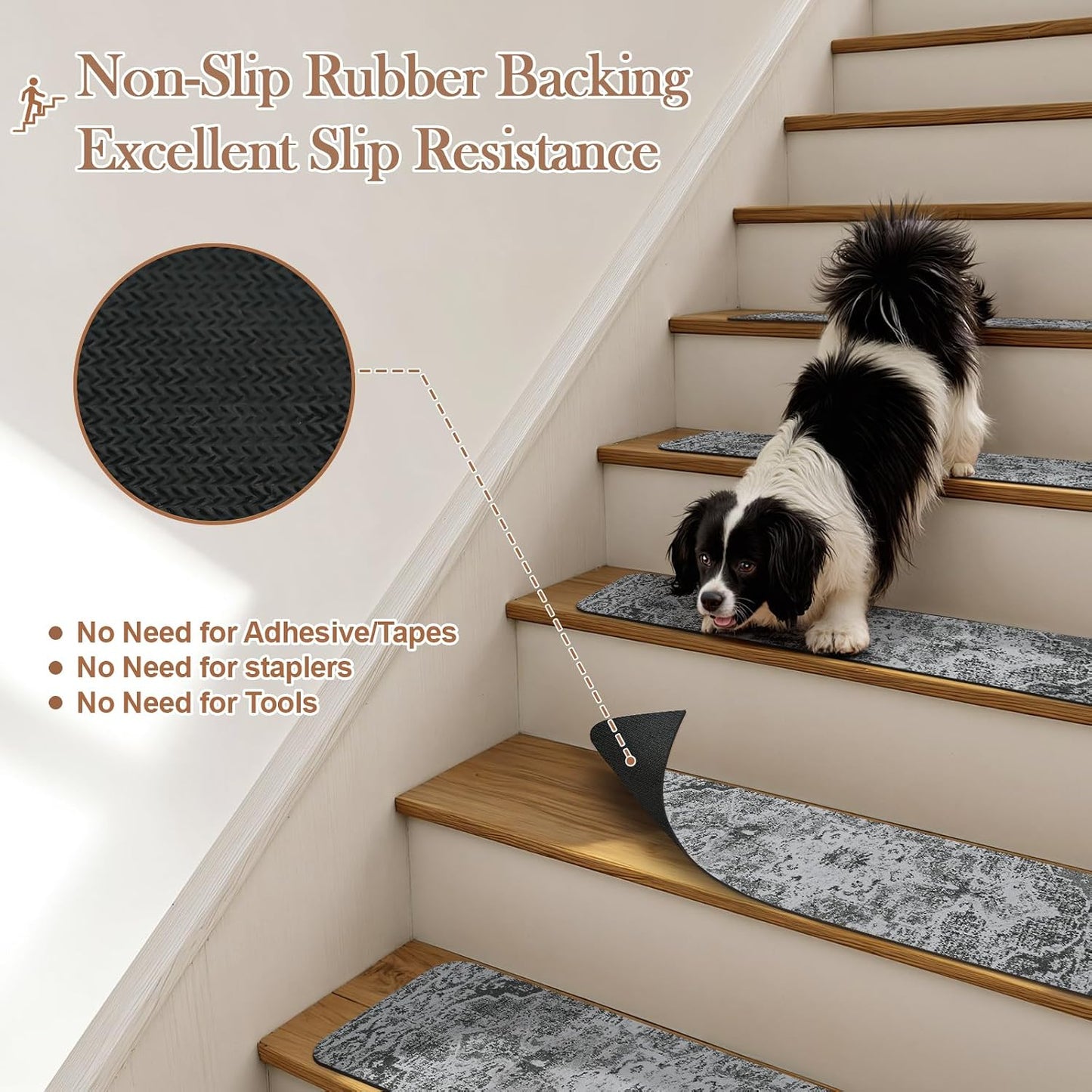OJIA Non-Slip Carpet Stair Treads for Wooden Steps Set of 15, 30''X8'' Indoor Runner Resistant Rugs Rubber Safety Mats for Dogs, Kids & Elders, Stairway Grip