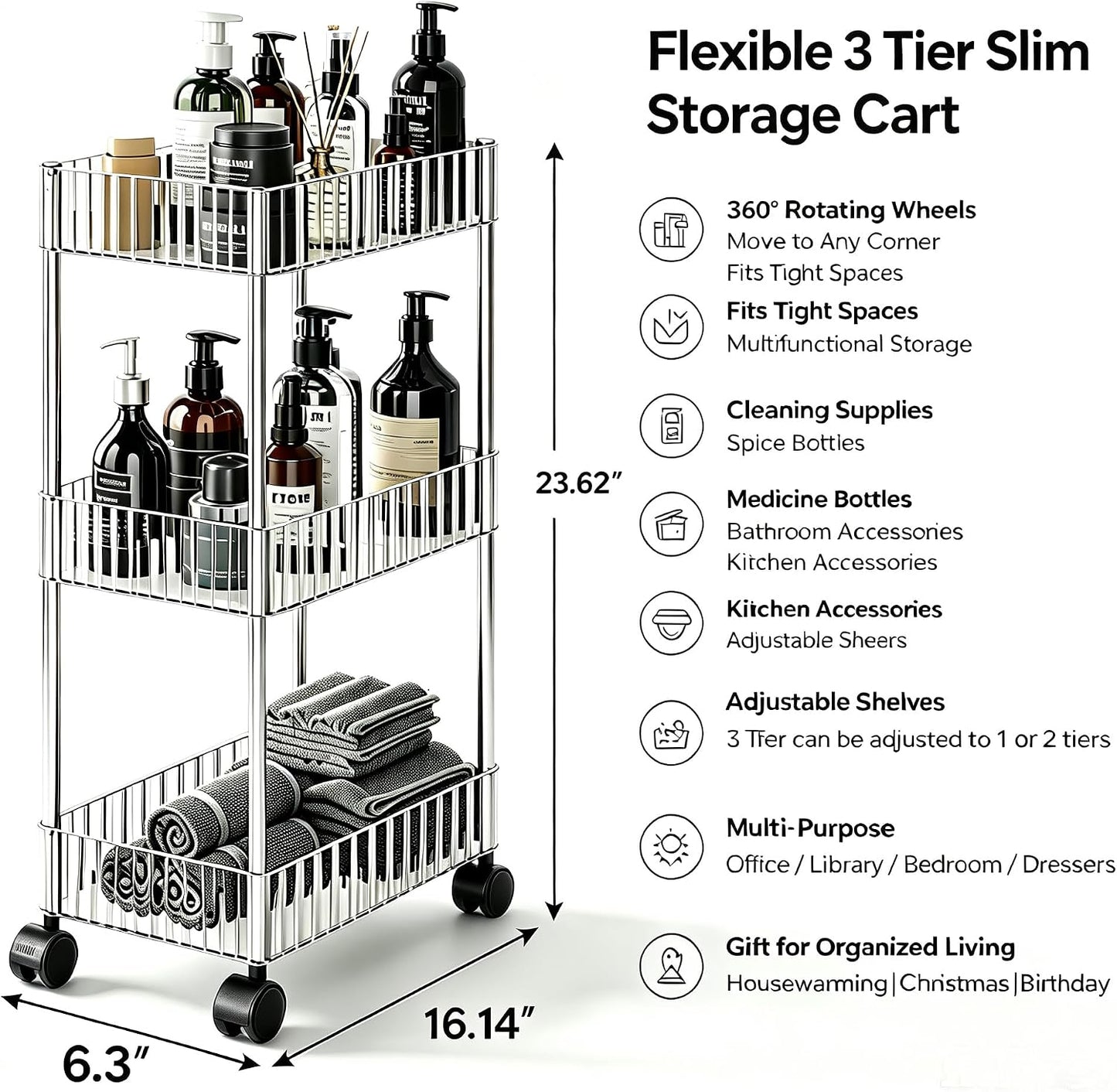 Sooyee 3 Tier Rolling Cart with Wheels, Slim Storage Cart, Under Desk Narrow Rolling Utility Cart Storage Organizer for Office Bathroom Kitchen Laundry Room Narrow Places, White, Plastic and Metal