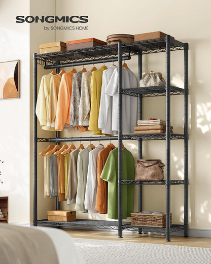 SONGMICS Heavy-Duty Clothes Rack, Garment Rack, Portable Closet, 68.7-Inch Wide Clothing Rack with Adjustable Mesh Shelves and Hanging Rails, Ink Black ULGR433B01