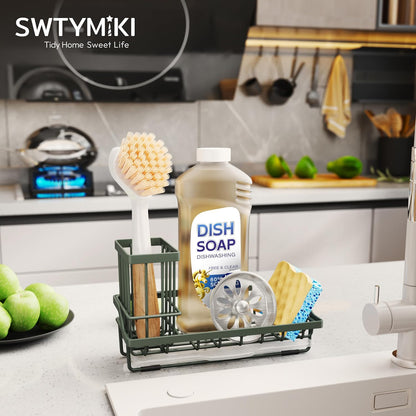 SWTYMIKI Sink Caddy Sponge Holder - Kitchen Sink Organizer with High Brush Holder for Countertop to Hold Dish Soaps and Sponges, Stainless Steel, Black