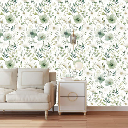 Sage Green Floral Peel and Stick Wallpaper Self Adhesive Removable Modern for Bedroom Accent Wall Renter Friendly Thick Watercolor Natural Flower Wallpaper 17.7" x 118"