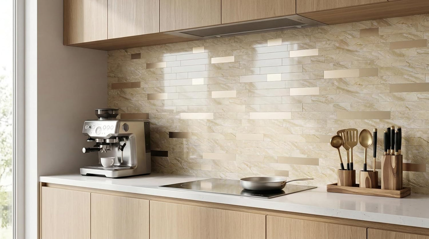 Yipscazo 2026 New Upgrade 11.34" X 11.57" Peel and Stick Backsplash, Stick on Backsplash Tiles for Kitchen, Bathroom, Fireplace (10 Sheets, Beige Rocks + Rose Gold)