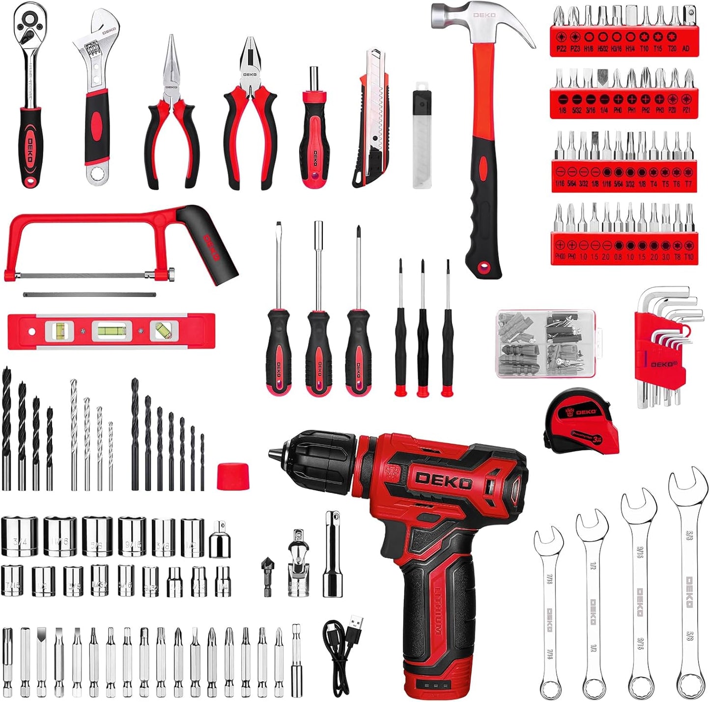 Pink Tool Kit Box Drill Set：DEKOPRO Home Mechanic Toolbox with 12V Power Cordless Drill Hand Repair Tools Sets Combo Kits Storage Organizer Drawer Case for Men & Women