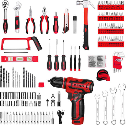 Pink Tool Kit Box Drill Set：DEKOPRO Home Mechanic Toolbox with 12V Power Cordless Drill Hand Repair Tools Sets Combo Kits Storage Organizer Drawer Case for Men & Women