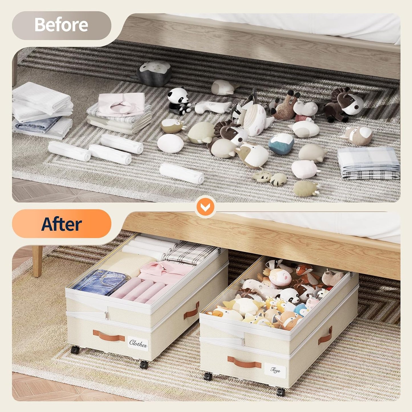 Yecaye 90L Under Bed Storage with Wheels, 8 in-11 in Height Adjustable Under Bed Storage Containers, Under Bed Shoe Storage with Lids & Label, Rolling Underbed Storage bins for Clothes, Toys, Grey
