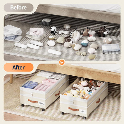 Yecaye 90L Under Bed Storage with Wheels, 8 in-11 in Height Adjustable Under Bed Storage Containers, Under Bed Shoe Storage with Lids & Label, Rolling Underbed Storage bins for Clothes, Toys, Grey