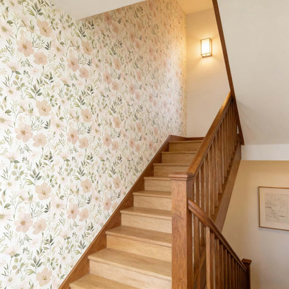 Sage Green Floral Peel and Stick Wallpaper Self Adhesive Removable Modern for Bedroom Accent Wall Renter Friendly Thick Watercolor Natural Flower Wallpaper 17.7" x 118"