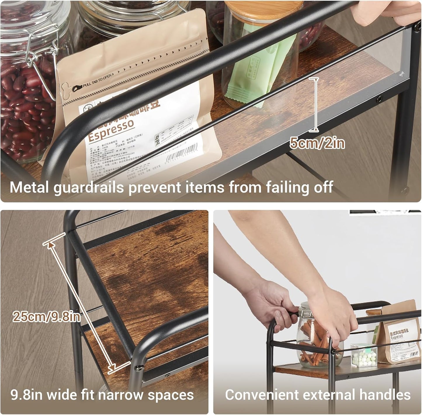 FUSLITE Small Bar Cart for Small Spaces, 3-Tier Slim Rolling Kitchen Cart on Wheels, Narrow Cart with Protective Fence, Industrial Mini Coffee Station for Home,Living Room,Bathroom, Rustic Brown