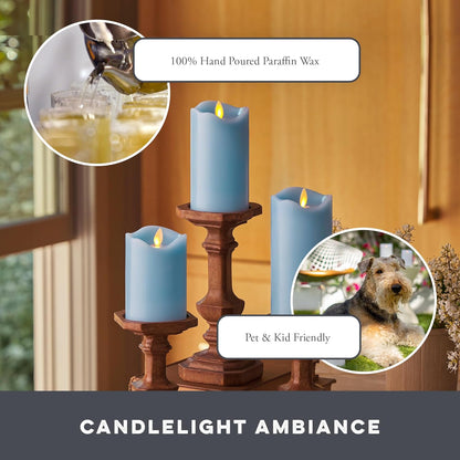 Matchless Candle Co. by Luminara Set of 3 Flameless LED Flickering Moving Flame Pillars (3" x 4.5", 5.5", 6.5"), Melted Unscented Real Wax Edge w/Smooth Finish, AA Battery Operated, Pearl Ivory