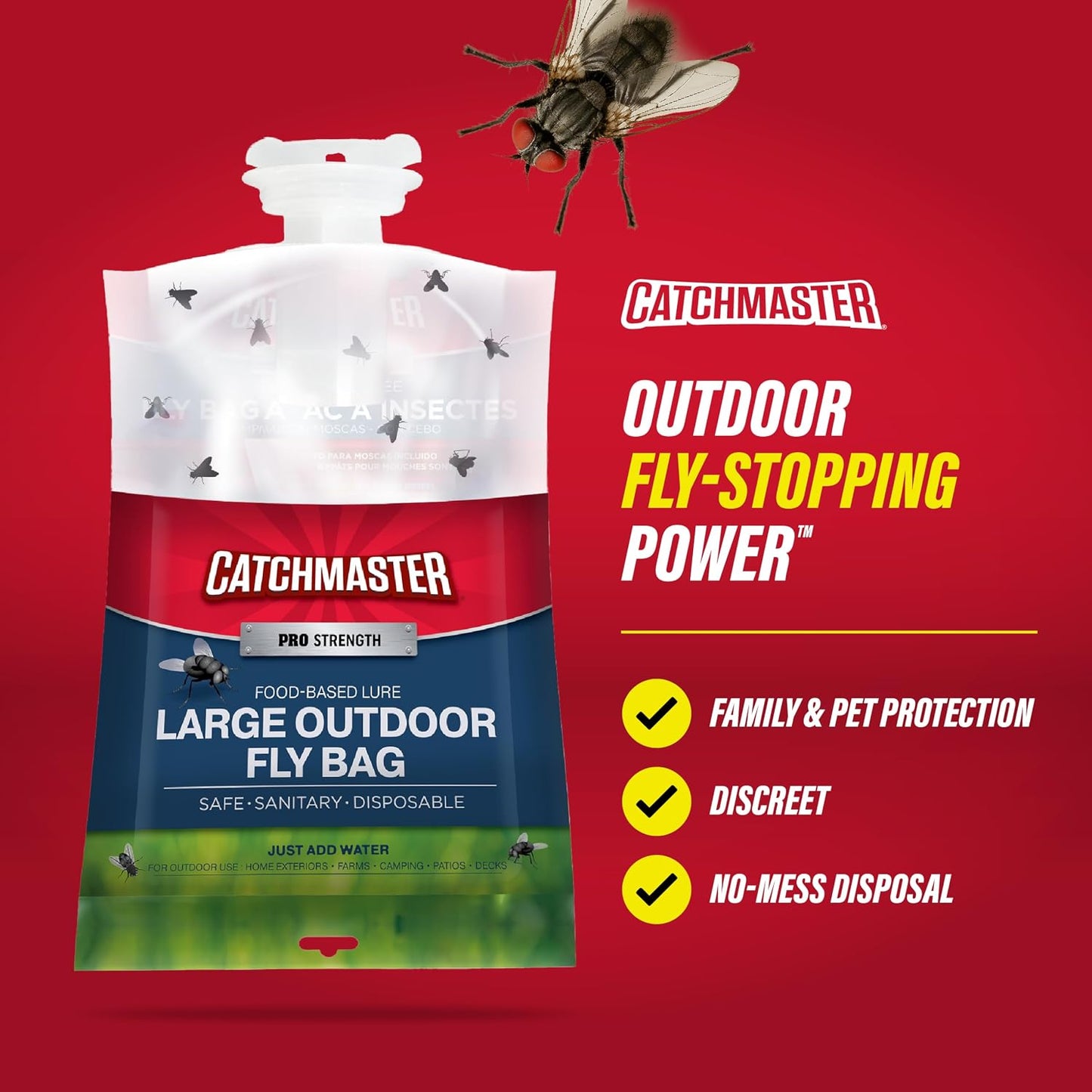 Catchmaster Reusable Outdoor Fly Trap, 2 Hanging Blue Jars with Bait | Catches All Species of Fly, Fly Traps Outdoor w/ Food-based lure, Odor Attracts Flies Away From People, Refill & Reuse